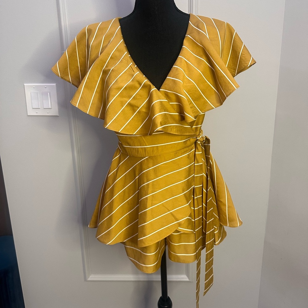 Striped Mustard Yellow Ruffle Romper With Open Back- New With Tags